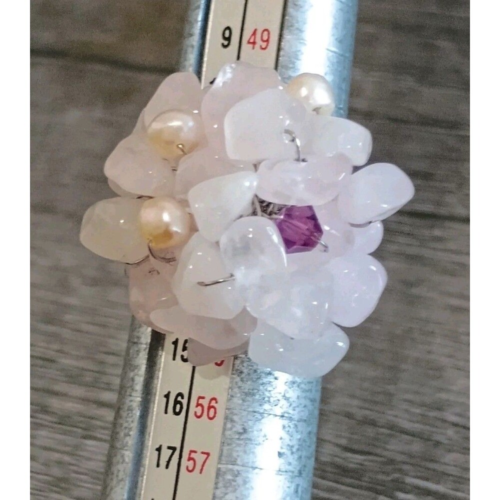 Quartz Chip Real Pearl Purple Glass Cluster Flower Silver Tone Ring